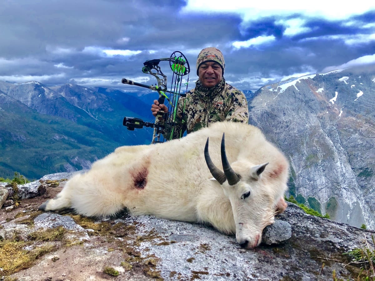 Mountain Goat Hunted in BC Big Cheno of Big Cheno Outfitters getting it done in Aug with his bow. Love having other outfitters up and seeing them so excited in the new country.