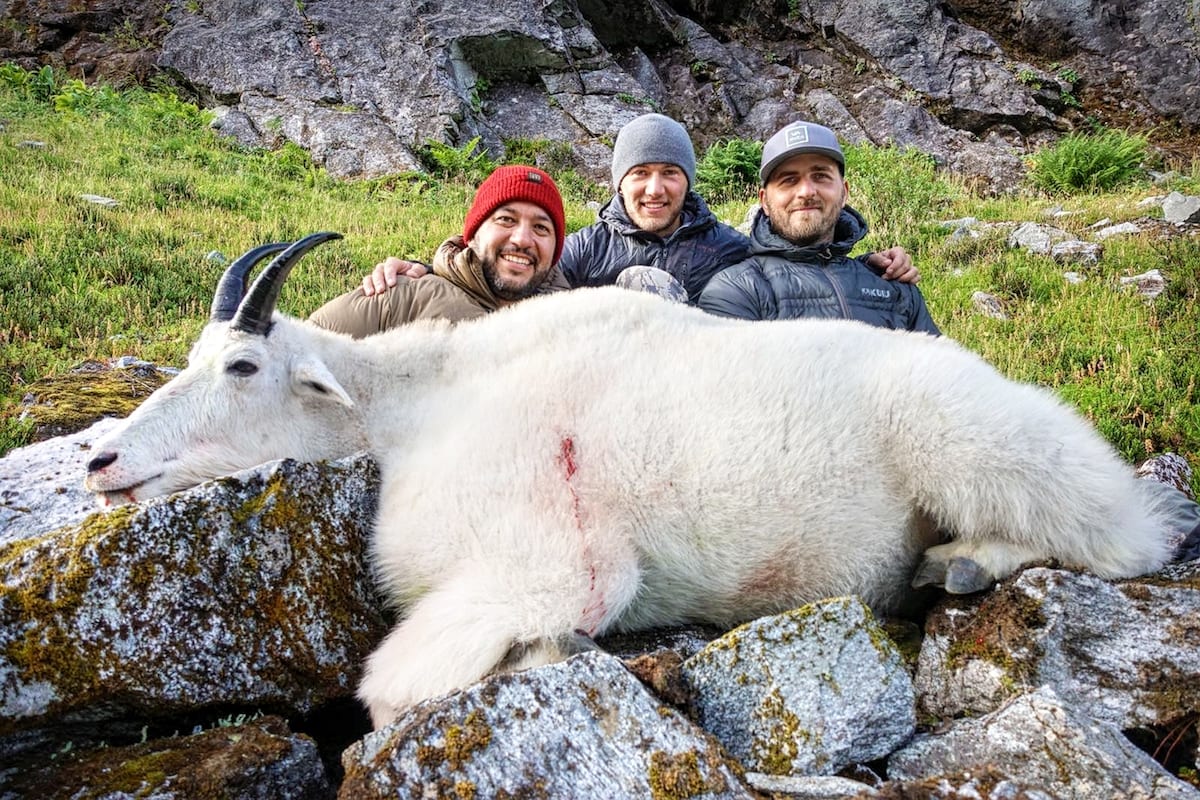 Mountain Goat Hunted in Northern BC Look at this happy crew. Guide Kash Mair, Pete Braun With Client Beto. 2019 will be Betos third year in a row. We encourage you to reach out and here his story about our outfit.
